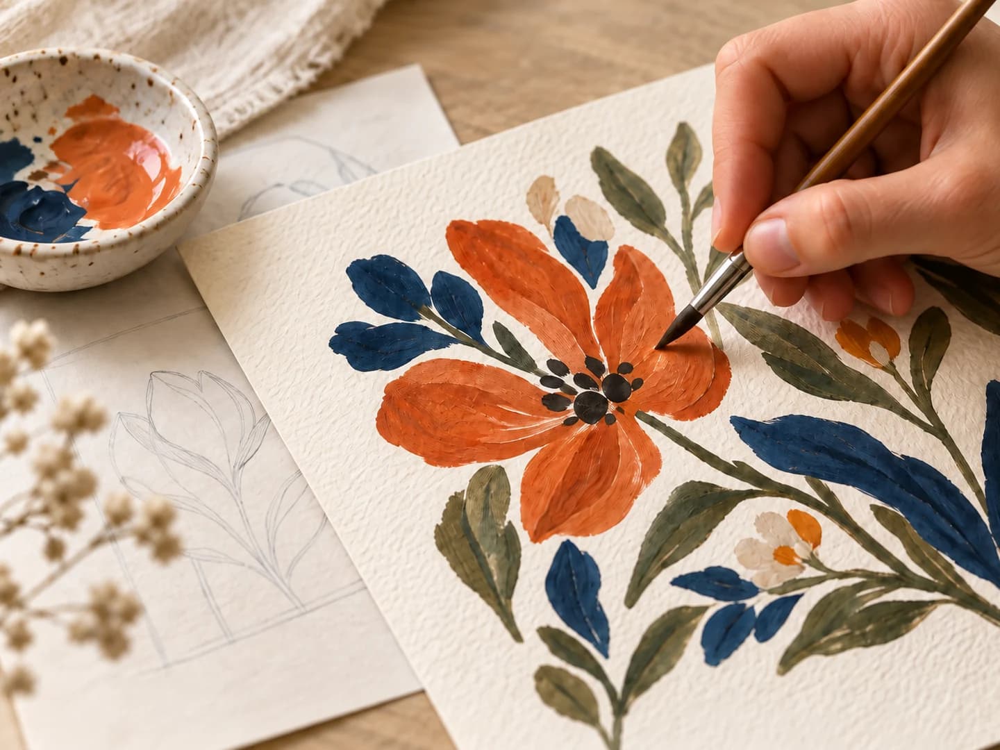 An artist's hand painting an orange flower on textured paper