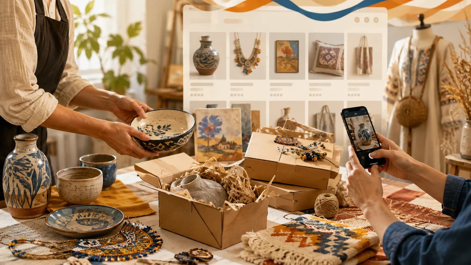 Atelier creativ din Moldova unde lucrări handmade sunt fotografiate și pregătite pentru vânzare online