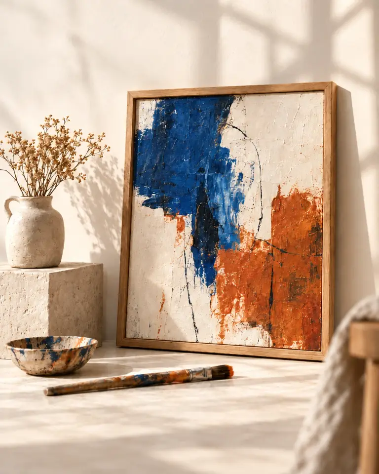 Tablou abstract în albastru și portocaliu, într-un atelier luminat de soare